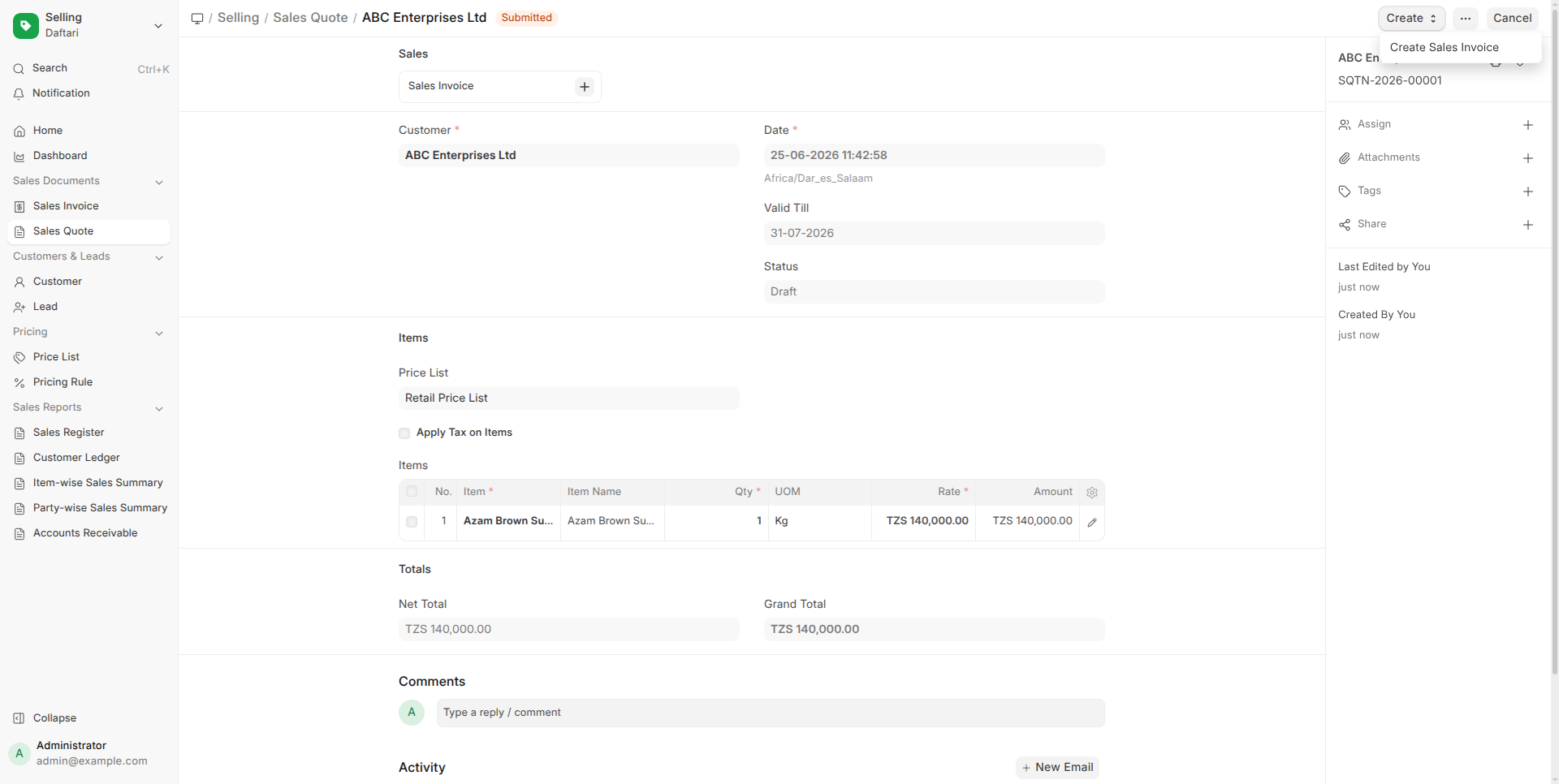 Sales Quote Form